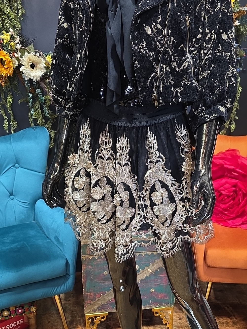 verty Black Mini Skirt with Gold Embroidered Lace